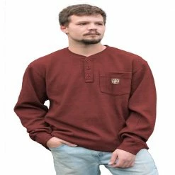 Hot Sale 😍 Lincoln Outfitters Men's Long Sleeve Bedford Henley Red - BRK-E0379 - Long Sleeve 👚 Shirts 🎉