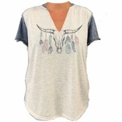Best Pirce 🎁 Lincoln Outfitters Ladies V-Neck BOHO Antler Short Sleeve Fashion T-Shirt - LO-LF12 - T-Shirts 👍